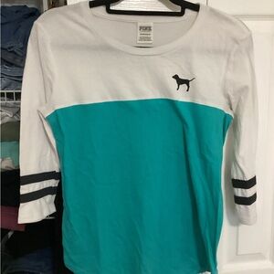 PINK White & Teal Colorblock 3/4 Sleeve Top